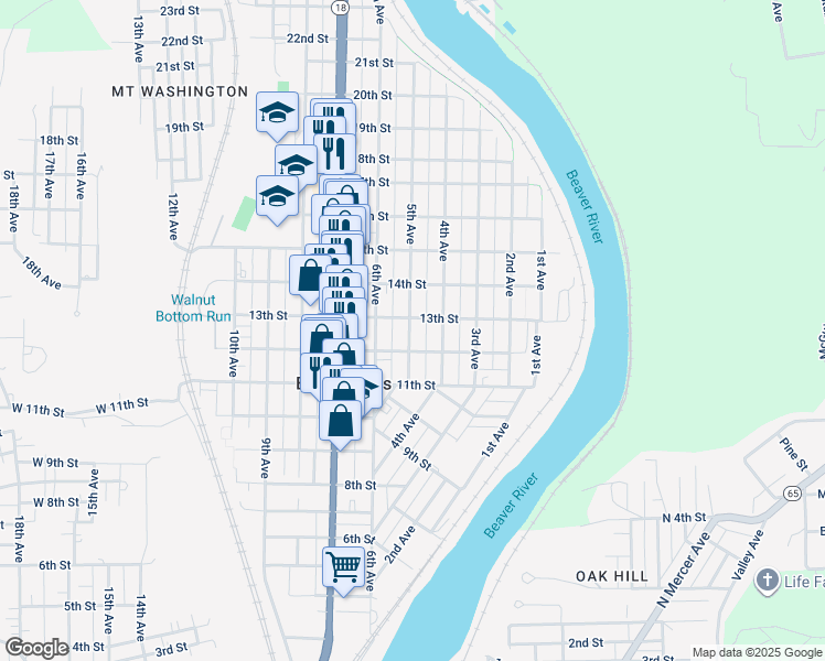 map of restaurants, bars, coffee shops, grocery stores, and more near 1216 5th Avenue in Beaver Falls