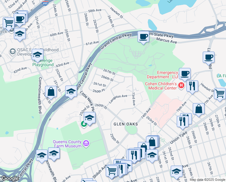 map of restaurants, bars, coffee shops, grocery stores, and more near 261-25 Langston Avenue in Queens
