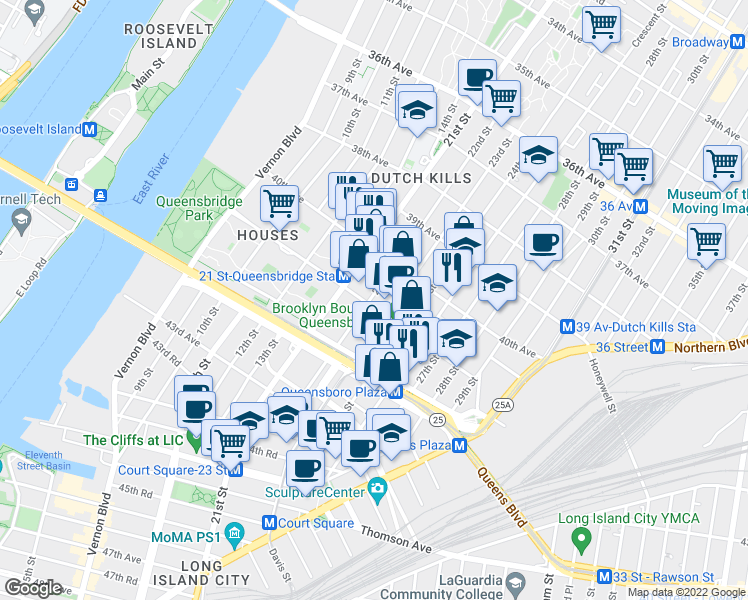 map of restaurants, bars, coffee shops, grocery stores, and more near 40-47 22nd Street in Queens