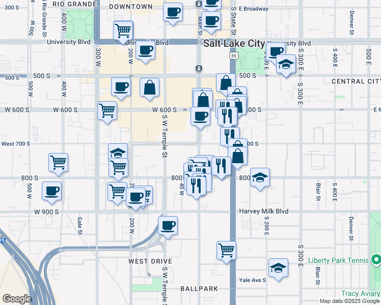 map of restaurants, bars, coffee shops, grocery stores, and more near 702 South Main Street in Salt Lake City
