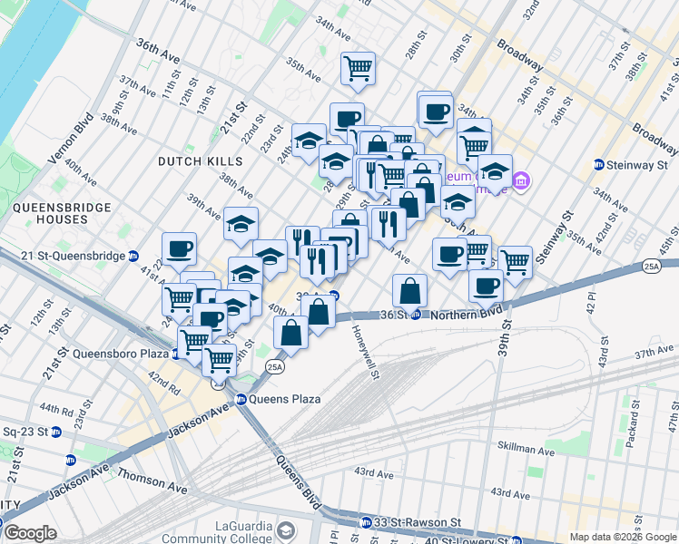 map of restaurants, bars, coffee shops, grocery stores, and more near 38-12 31st Street in Queens