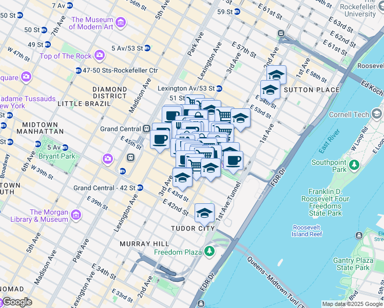map of restaurants, bars, coffee shops, grocery stores, and more near 240 East 47th Street in New York
