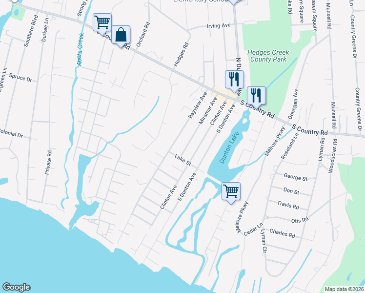map of restaurants, bars, coffee shops, grocery stores, and more near 126 Miramar Avenue in East Patchogue