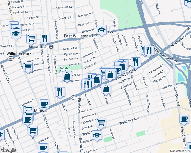 map of restaurants, bars, coffee shops, grocery stores, and more near 101 Brown Street in Mineola