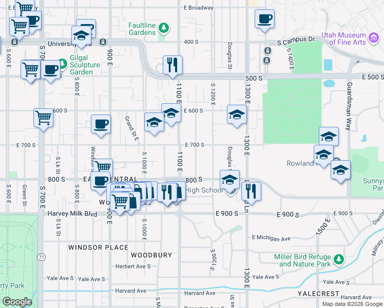 map of restaurants, bars, coffee shops, grocery stores, and more near 721 Elizabeth Street in Salt Lake City
