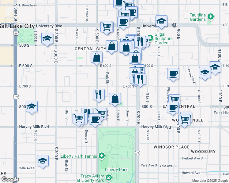 map of restaurants, bars, coffee shops, grocery stores, and more near 718 600 East in Salt Lake City
