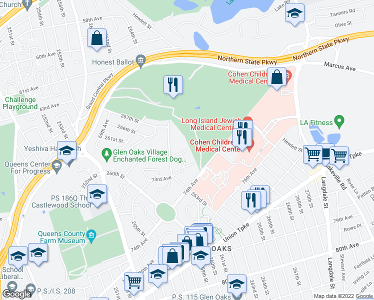 map of restaurants, bars, coffee shops, grocery stores, and more near 264-52 Langston Avenue in Queens