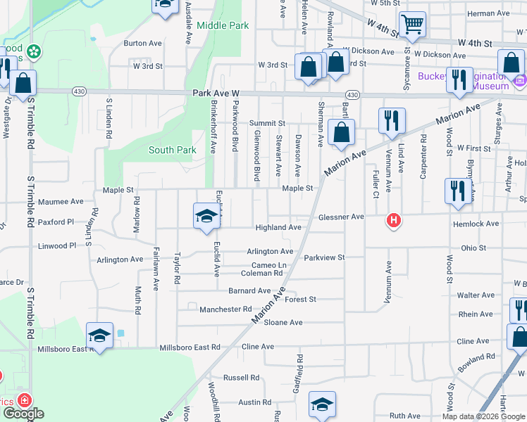 map of restaurants, bars, coffee shops, grocery stores, and more near 196 Westwood Avenue in Mansfield