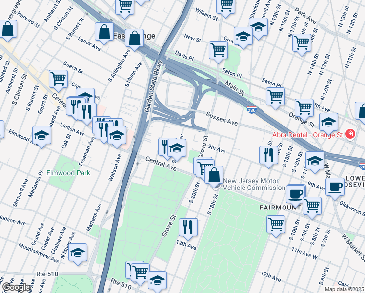 map of restaurants, bars, coffee shops, grocery stores, and more near 57 South Maple Avenue in East Orange