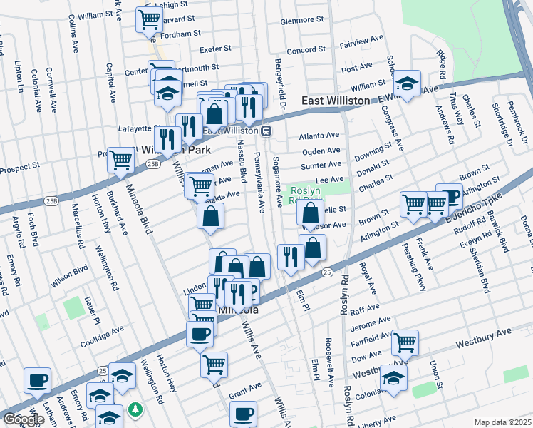 map of restaurants, bars, coffee shops, grocery stores, and more near 410 Pennsylvania Avenue in Mineola