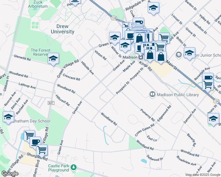 map of restaurants, bars, coffee shops, grocery stores, and more near 56 Hillside Avenue in Madison