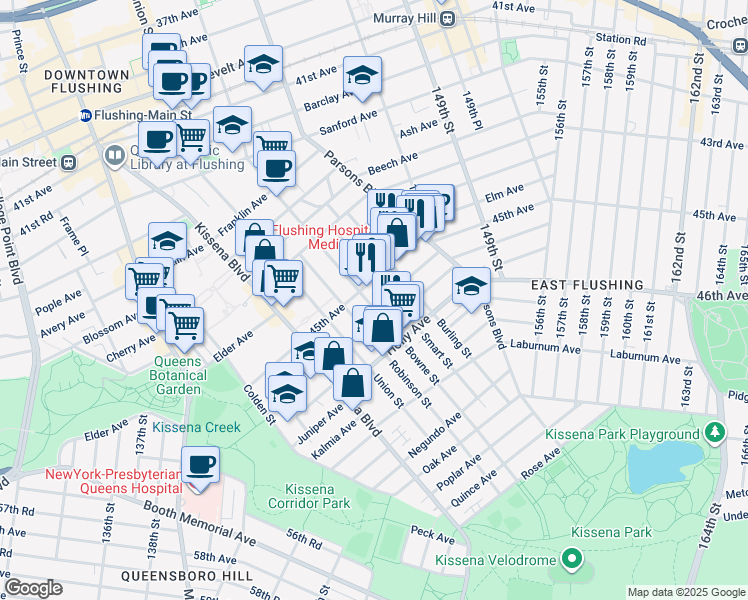 map of restaurants, bars, coffee shops, grocery stores, and more near 45-15 Bowne Street in Queens
