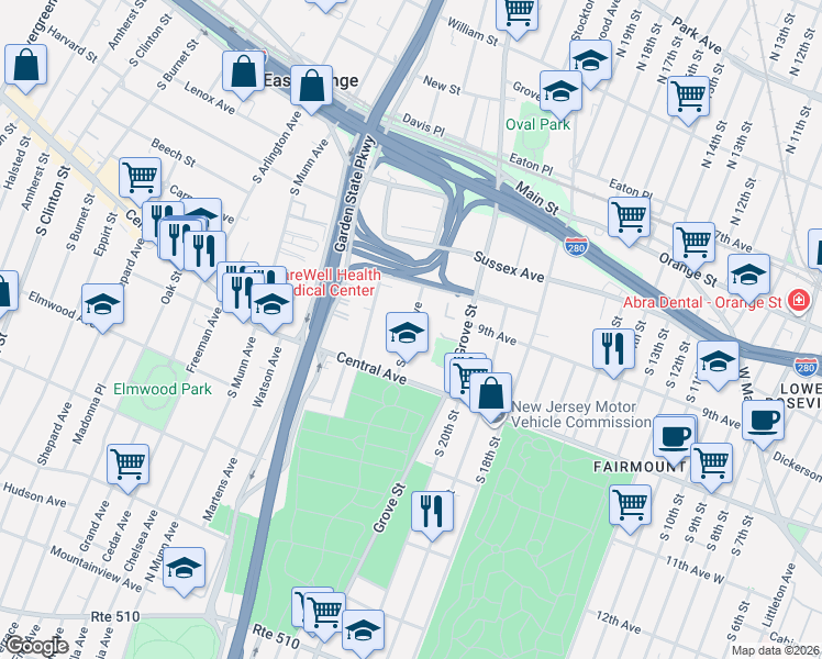 map of restaurants, bars, coffee shops, grocery stores, and more near 57 South Maple Avenue in East Orange