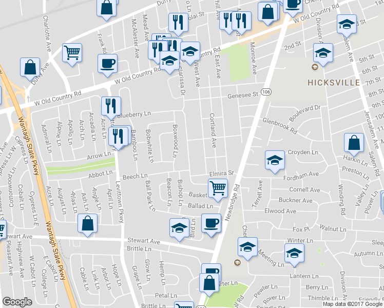 map of restaurants, bars, coffee shops, grocery stores, and more near 129 Blueberry Lane in Hicksville