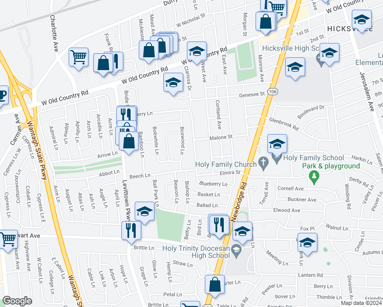 map of restaurants, bars, coffee shops, grocery stores, and more near 128 Blueberry Lane in Hicksville