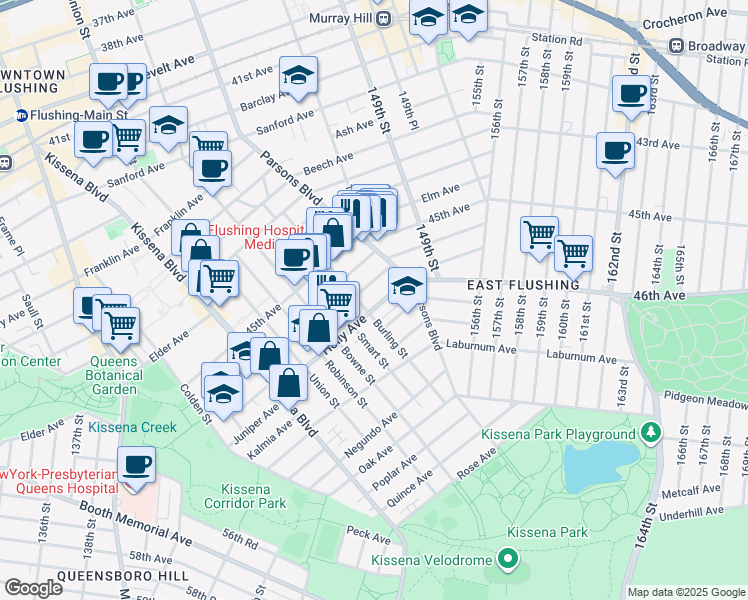 map of restaurants, bars, coffee shops, grocery stores, and more near 146-11 Holly Avenue in Queens