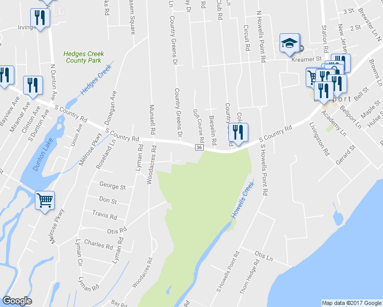 map of restaurants, bars, coffee shops, grocery stores, and more near 2 S Country Rd in Bellport