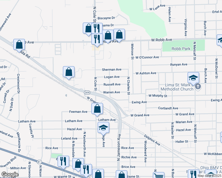 map of restaurants, bars, coffee shops, grocery stores, and more near 1205 North Center Street in Lima