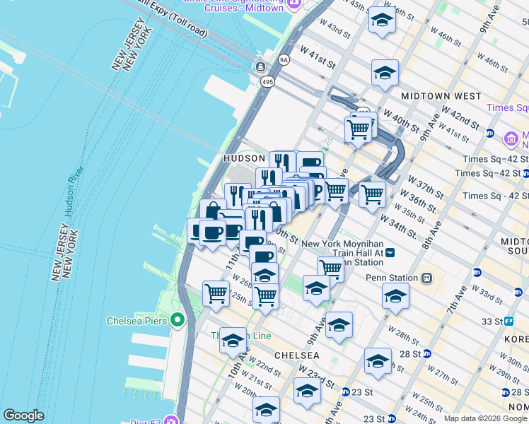 map of restaurants, bars, coffee shops, grocery stores, and more near 603 West 30th Street in New York