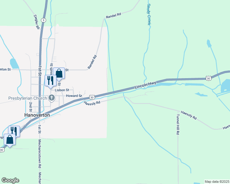 map of restaurants, bars, coffee shops, grocery stores, and more near 30500 Lincoln Highway in Hanoverton