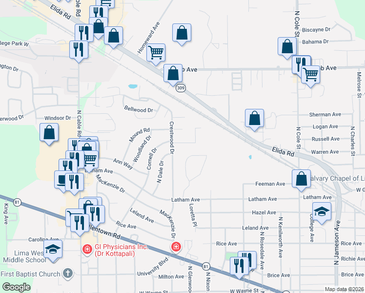 map of restaurants, bars, coffee shops, grocery stores, and more near 1683 Rebecca Drive in Lima