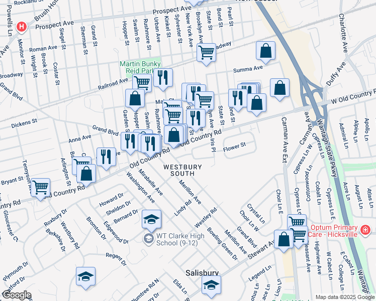 map of restaurants, bars, coffee shops, grocery stores, and more near 2521 Aster Place North in Westbury