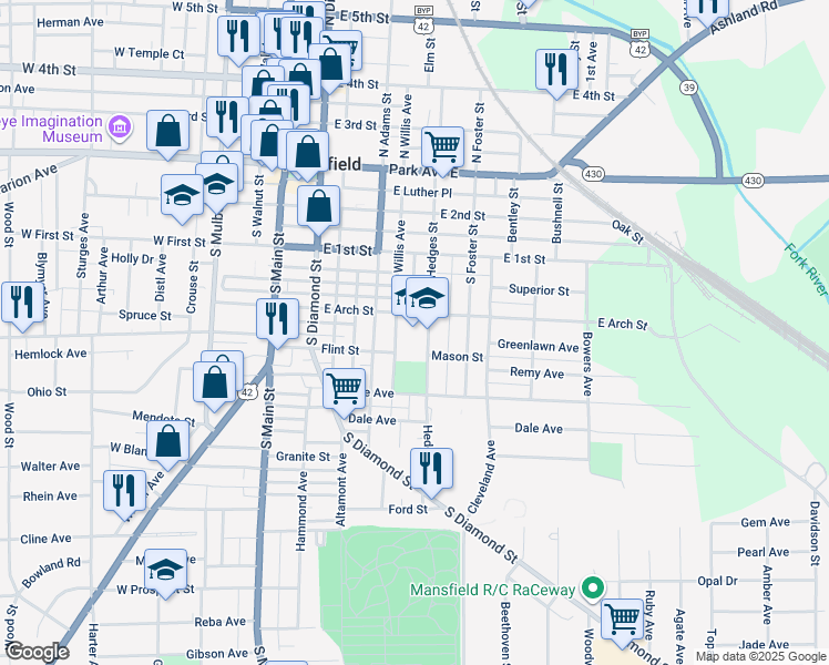 map of restaurants, bars, coffee shops, grocery stores, and more near 176 Hedges Street in Mansfield