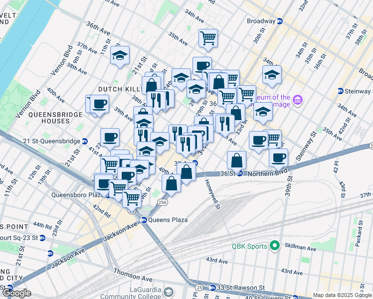 map of restaurants, bars, coffee shops, grocery stores, and more near 38-28 30th Street in Queens