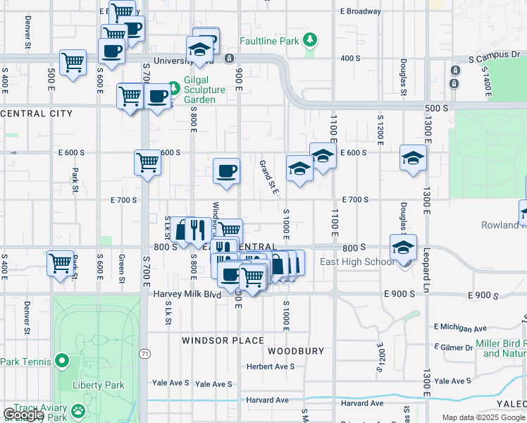 map of restaurants, bars, coffee shops, grocery stores, and more near 940 East 700 South in Salt Lake City
