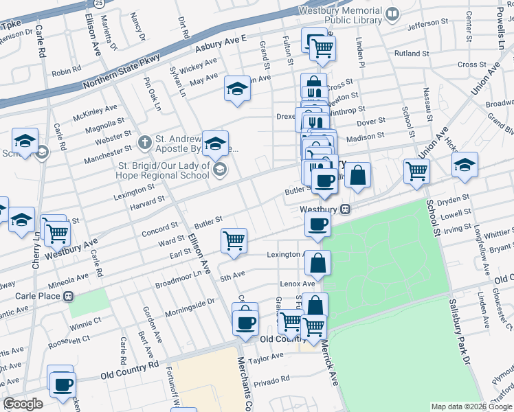 map of restaurants, bars, coffee shops, grocery stores, and more near 138 Butler Street in Westbury