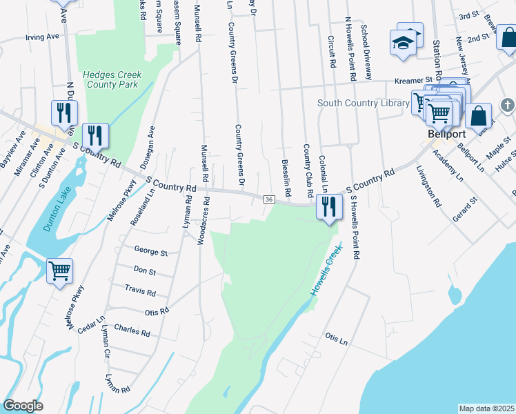 map of restaurants, bars, coffee shops, grocery stores, and more near 2 South Country Road in Bellport