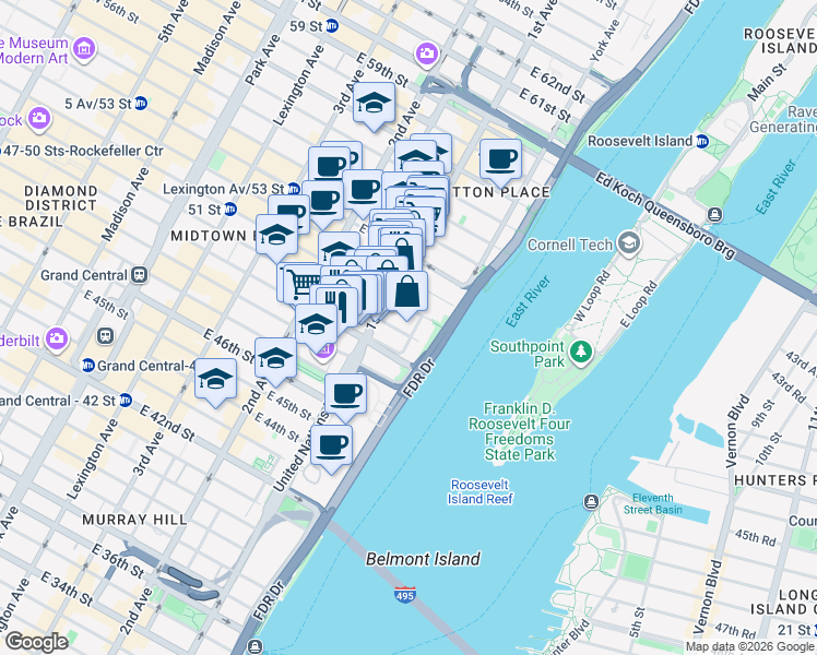 map of restaurants, bars, coffee shops, grocery stores, and more near 427 East 50th Street in New York