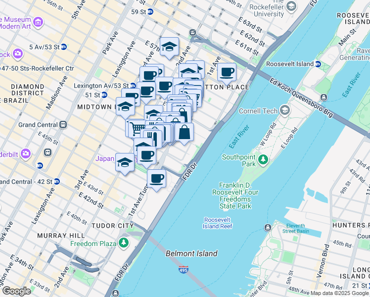 map of restaurants, bars, coffee shops, grocery stores, and more near 20 Beekman Place in New York