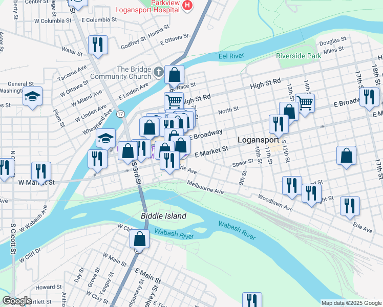 map of restaurants, bars, coffee shops, grocery stores, and more near 628 East Market Street in Logansport