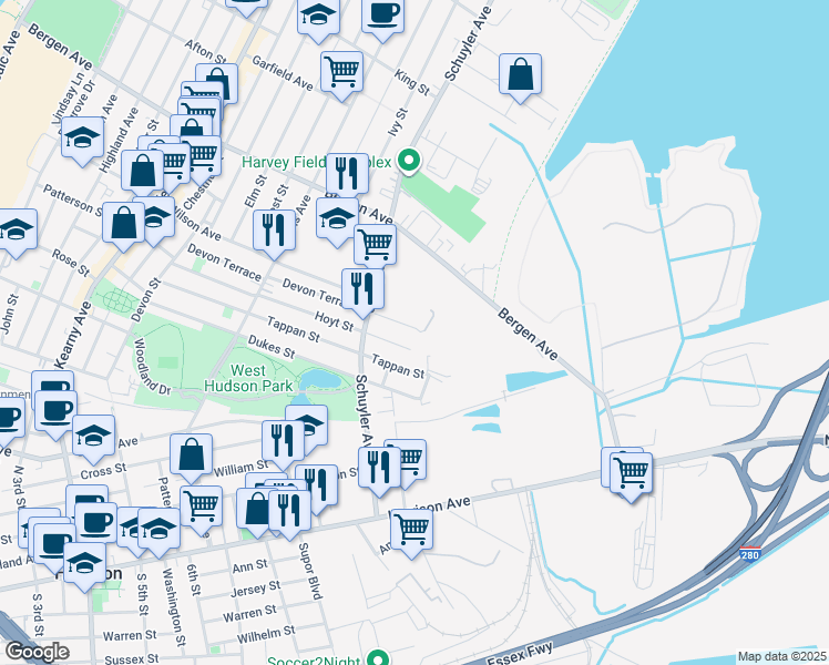 map of restaurants, bars, coffee shops, grocery stores, and more near 198 Devon Terrace in Kearny
