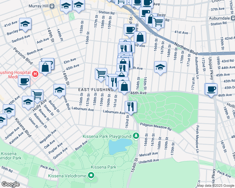 map of restaurants, bars, coffee shops, grocery stores, and more near 4608 161 Street in Queens