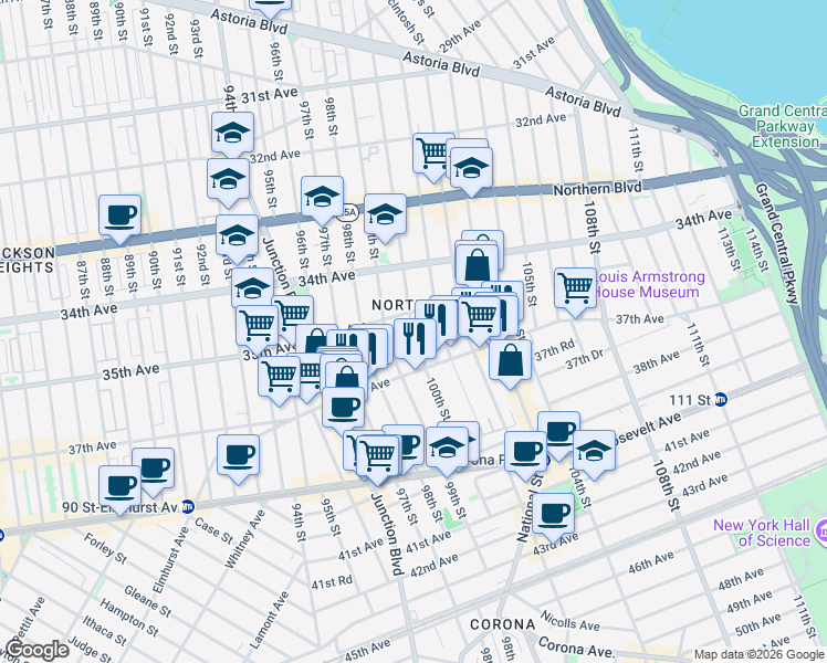 map of restaurants, bars, coffee shops, grocery stores, and more near 35-25 100th Street in Queens