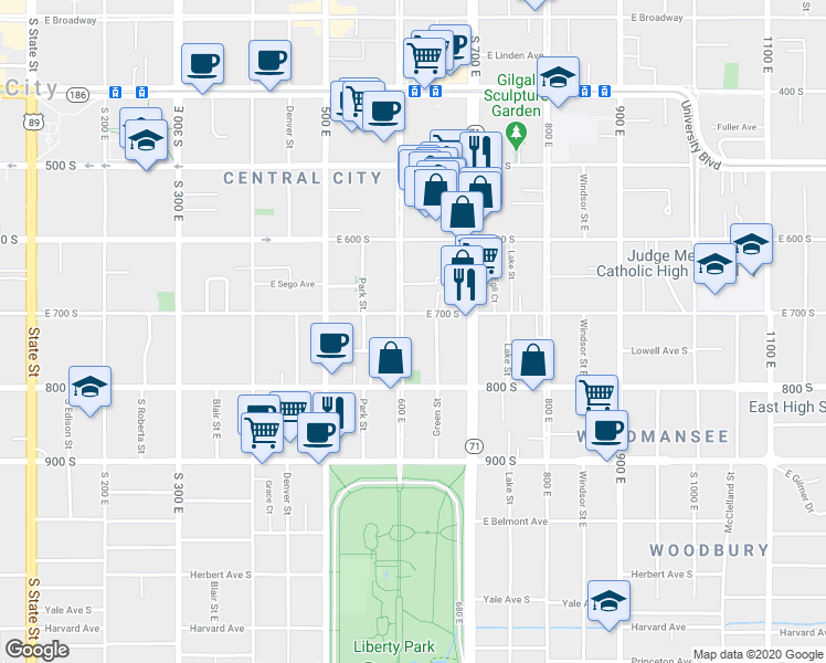 map of restaurants, bars, coffee shops, grocery stores, and more near 726 Green Street in Salt Lake City
