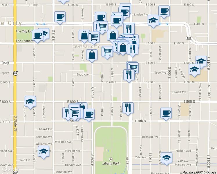 map of restaurants, bars, coffee shops, grocery stores, and more near 718 600 East in Salt Lake City