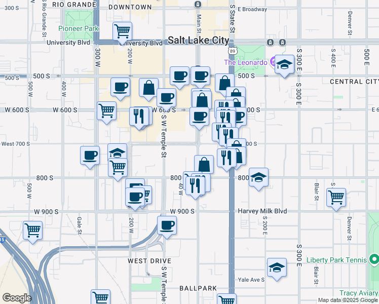 map of restaurants, bars, coffee shops, grocery stores, and more near 700 West 700 South in Salt Lake City