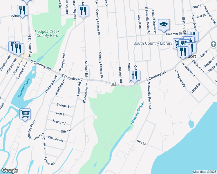 map of restaurants, bars, coffee shops, grocery stores, and more near 2 South Country Road in Bellport