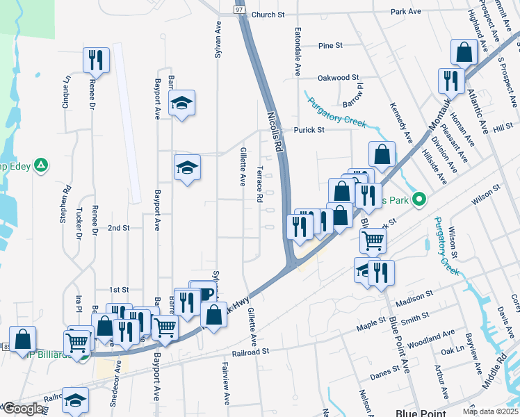 map of restaurants, bars, coffee shops, grocery stores, and more near 100 Terrace Road in Bayport