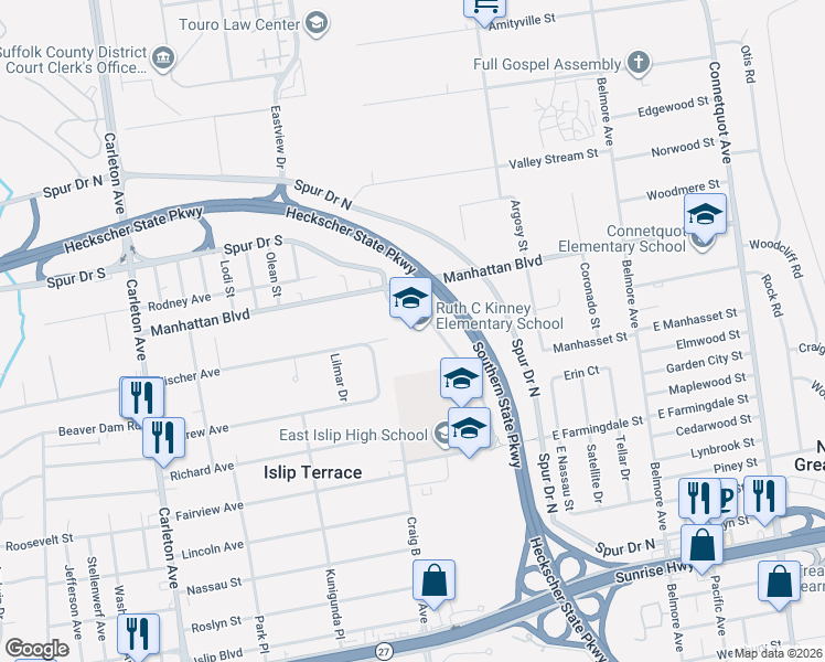 map of restaurants, bars, coffee shops, grocery stores, and more near 1 Spur Drive South in Islip Terrace