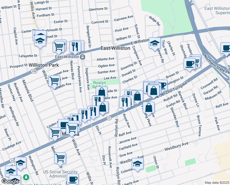 map of restaurants, bars, coffee shops, grocery stores, and more near 55 Roselle Street in Mineola