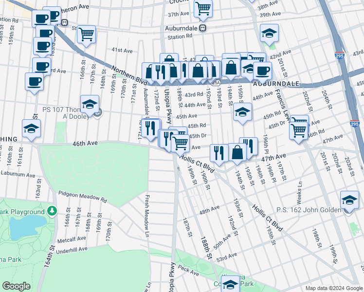 map of restaurants, bars, coffee shops, grocery stores, and more near 18910 46th Avenue in Queens