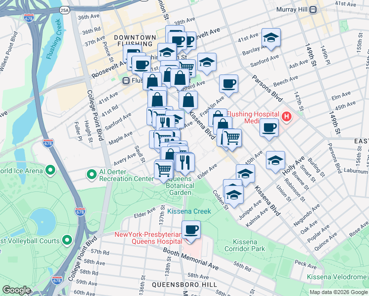 map of restaurants, bars, coffee shops, grocery stores, and more near 42-55 Colden Street in Queens