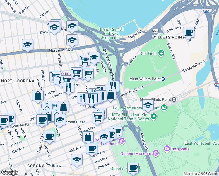 map of restaurants, bars, coffee shops, grocery stores, and more near 112-31 39th Avenue in Queens