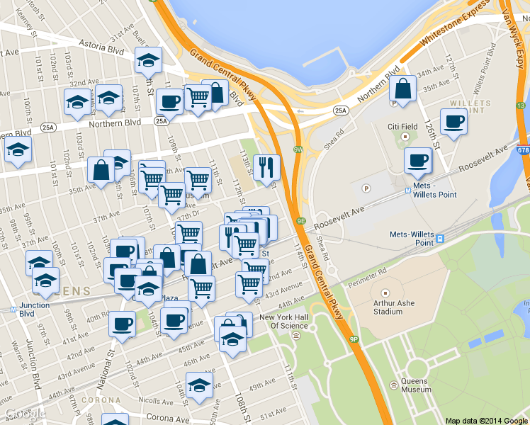 map of restaurants, bars, coffee shops, grocery stores, and more near 112-31 39th Avenue in Queens