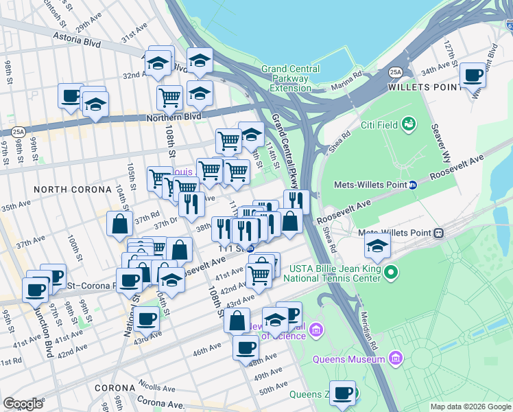 map of restaurants, bars, coffee shops, grocery stores, and more near 38-2 112th Street in Queens