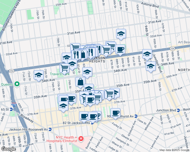 map of restaurants, bars, coffee shops, grocery stores, and more near 34-9 83rd Street in Queens